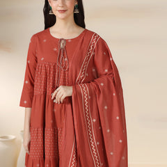 Rustorange Pure Cotton Printed Round Neck 3/4 Sleeves Calf Length Flared Kurta Pant And Dupatta Set Mizazjaipur
