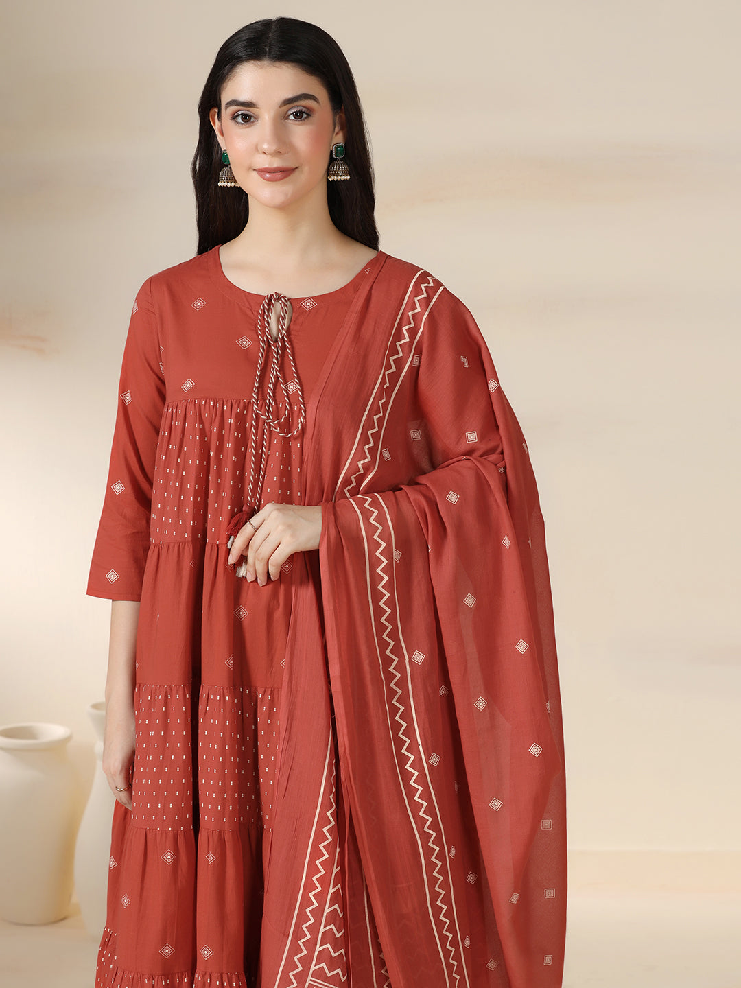 Rustorange Pure Cotton Printed Round Neck 3/4 Sleeves Calf Length Flared Kurta Pant And Dupatta Set Mizazjaipur