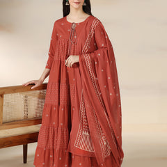 Rustorange Pure Cotton Printed Round Neck 3/4 Sleeves Calf Length Flared Kurta Pant And Dupatta Set Mizazjaipur