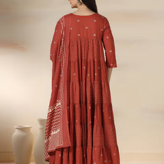 Rustorange Pure Cotton Printed Round Neck 3/4 Sleeves Calf Length Flared Kurta Pant And Dupatta Set Mizazjaipur