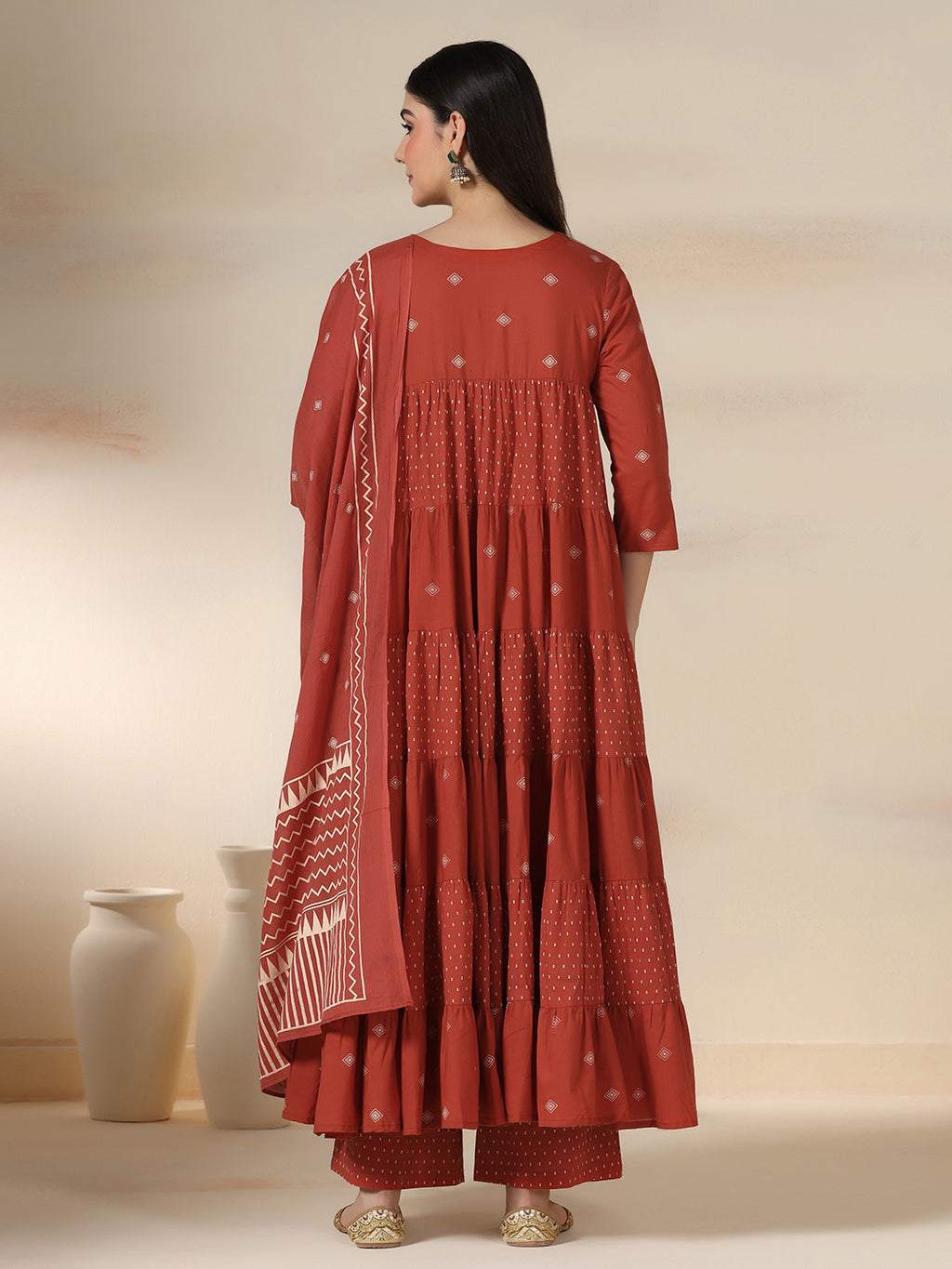 Rustorange Pure Cotton Printed Round Neck 3/4 Sleeves Calf Length Flared Kurta Pant And Dupatta Set Mizazjaipur