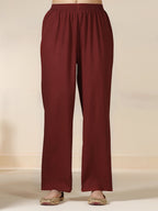 Maroon Pure Cotton Printed V-Neck 3/4 Sleeves Calf Length Flared Kurta Pant And Dupatta Set Mizazjaipur