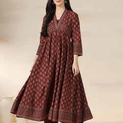 Maroon Pure Cotton Printed V-Neck 3/4 Sleeves Calf Length Flared Kurta Pant And Dupatta Set Mizazjaipur
