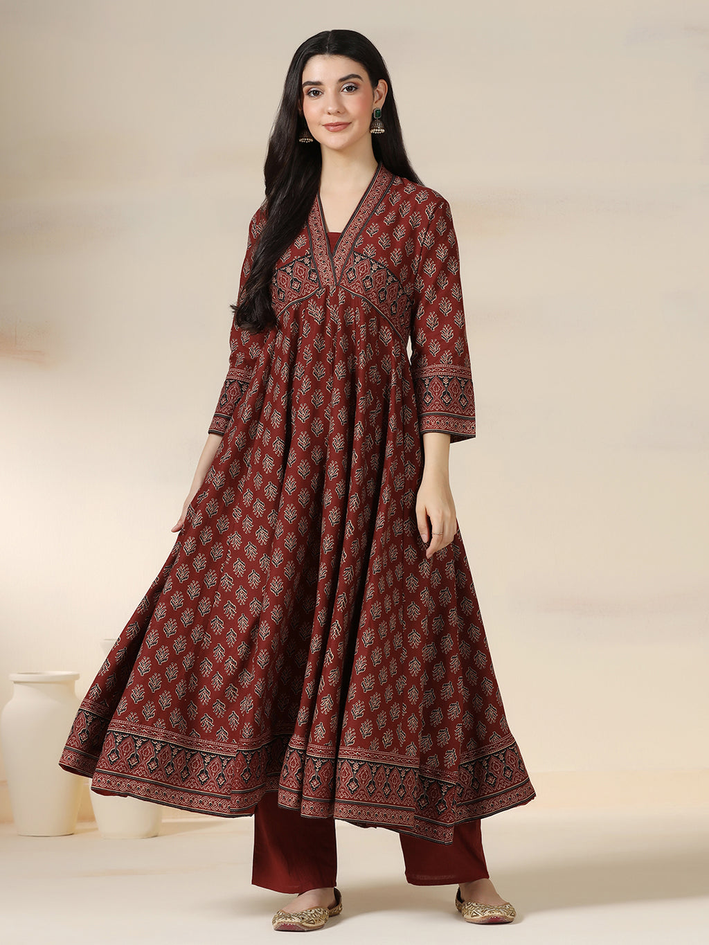 Maroon Pure Cotton Printed V-Neck 3/4 Sleeves Calf Length Flared Kurta Pant And Dupatta Set Mizazjaipur