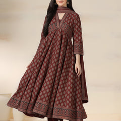 Maroon Pure Cotton Printed V-Neck 3/4 Sleeves Calf Length Flared Kurta Pant And Dupatta Set Mizazjaipur
