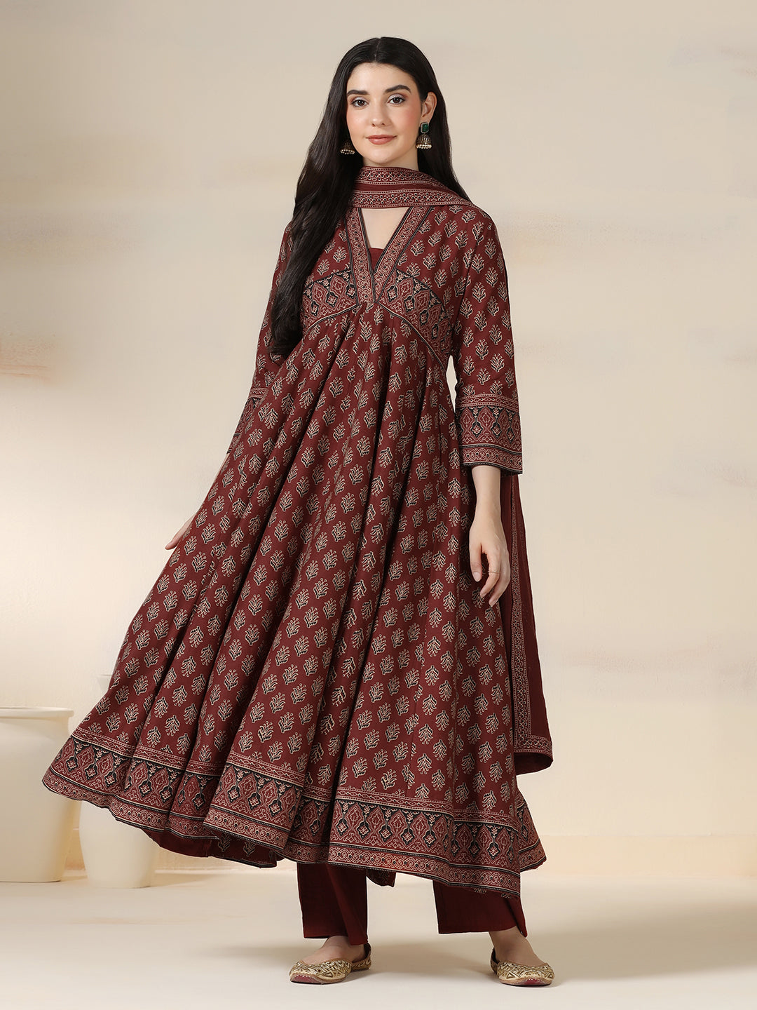 Maroon Pure Cotton Printed V-Neck 3/4 Sleeves Calf Length Flared Kurta Pant And Dupatta Set Mizazjaipur