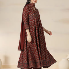 Maroon Pure Cotton Printed V-Neck 3/4 Sleeves Calf Length Flared Kurta Pant And Dupatta Set Mizazjaipur