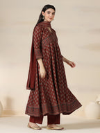 Maroon Pure Cotton Printed V-Neck 3/4 Sleeves Calf Length Flared Kurta Pant And Dupatta Set Mizazjaipur