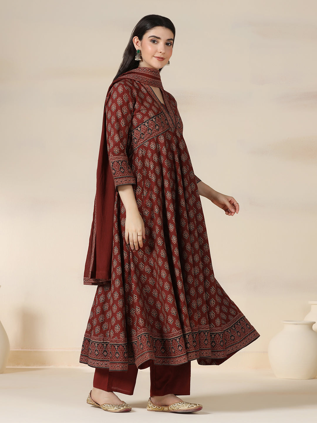 Maroon Pure Cotton Printed V-Neck 3/4 Sleeves Calf Length Flared Kurta Pant And Dupatta Set Mizazjaipur