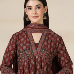 Maroon Pure Cotton Printed V-Neck 3/4 Sleeves Calf Length Flared Kurta Pant And Dupatta Set Mizazjaipur