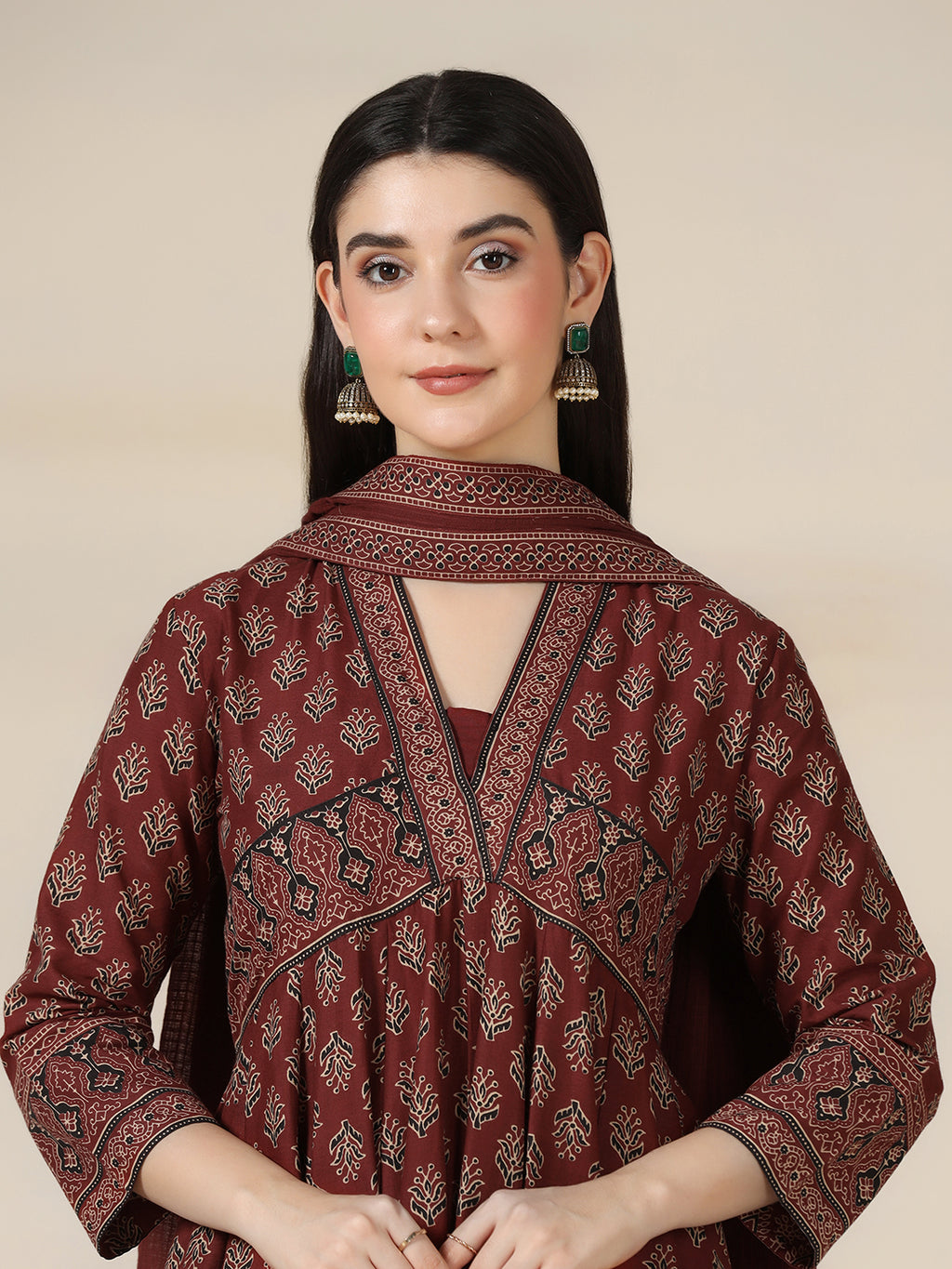 Maroon Pure Cotton Printed V-Neck 3/4 Sleeves Calf Length Flared Kurta Pant And Dupatta Set Mizazjaipur