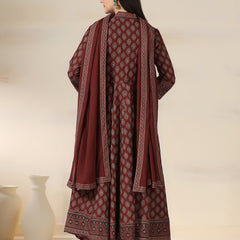 Maroon Pure Cotton Printed V-Neck 3/4 Sleeves Calf Length Flared Kurta Pant And Dupatta Set Mizazjaipur