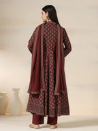 Maroon Pure Cotton Printed V-Neck 3/4 Sleeves Calf Length Flared Kurta Pant And Dupatta Set Mizazjaipur