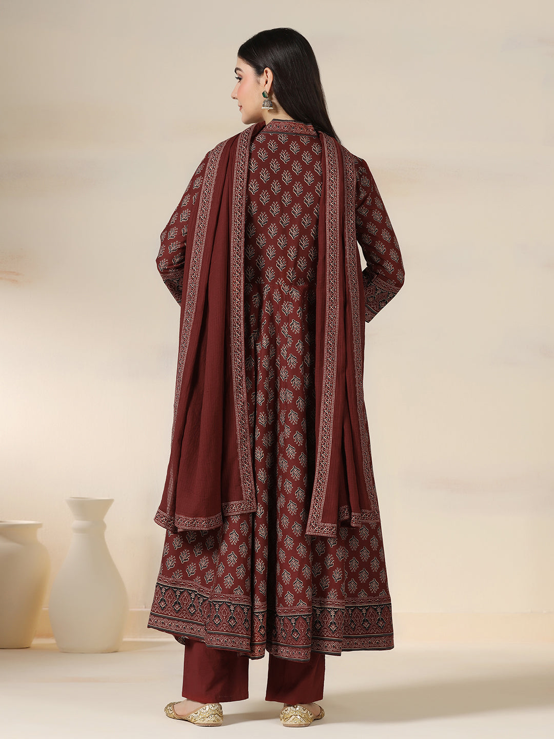 Maroon Pure Cotton Printed V-Neck 3/4 Sleeves Calf Length Flared Kurta Pant And Dupatta Set Mizazjaipur