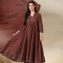 Maroon Pure Cotton Printed V-Neck 3/4 Sleeves Calf Length Flared Kurta Pant And Dupatta Set Mizazjaipur