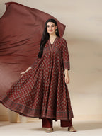 Maroon Pure Cotton Printed V-Neck 3/4 Sleeves Calf Length Flared Kurta Pant And Dupatta Set Mizazjaipur