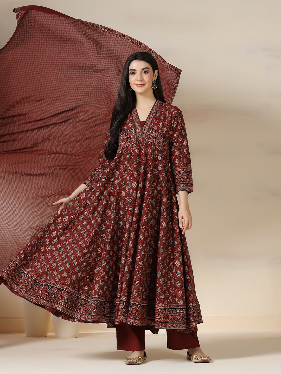 Maroon Pure Cotton Printed V-Neck 3/4 Sleeves Calf Length Flared Kurta Pant And Dupatta Set Mizazjaipur