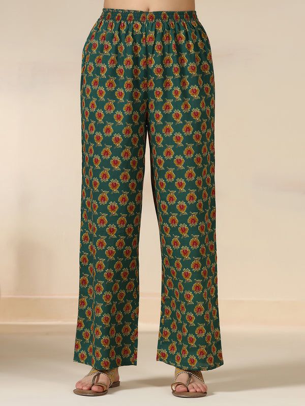 Green Pure Cotton Printed Round Neck Full Sleeves Calf Length Flared Kurta Pant And Dupatta Set Mizazjaipur