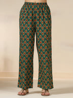 Green Pure Cotton Printed Round Neck Full Sleeves Calf Length Flared Kurta Pant And Dupatta Set Mizazjaipur