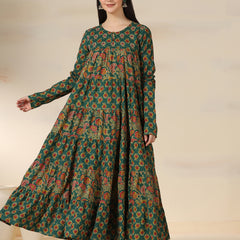 Green Pure Cotton Printed Round Neck Full Sleeves Calf Length Flared Kurta Pant And Dupatta Set Mizazjaipur
