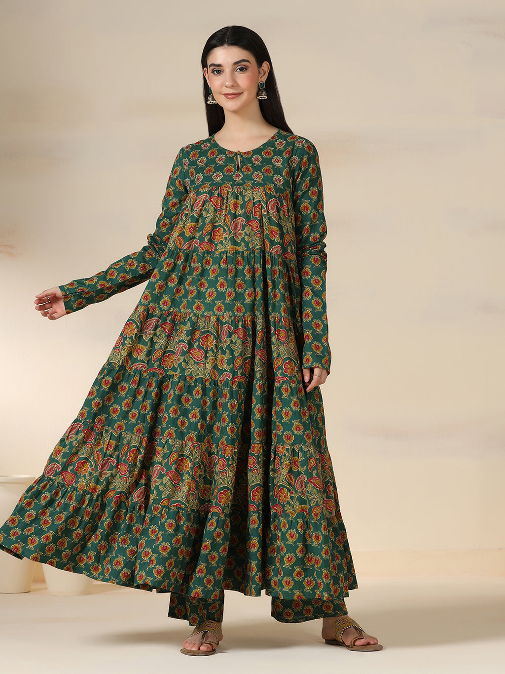 Green Pure Cotton Printed Round Neck Full Sleeves Calf Length Flared Kurta Pant And Dupatta Set Mizazjaipur