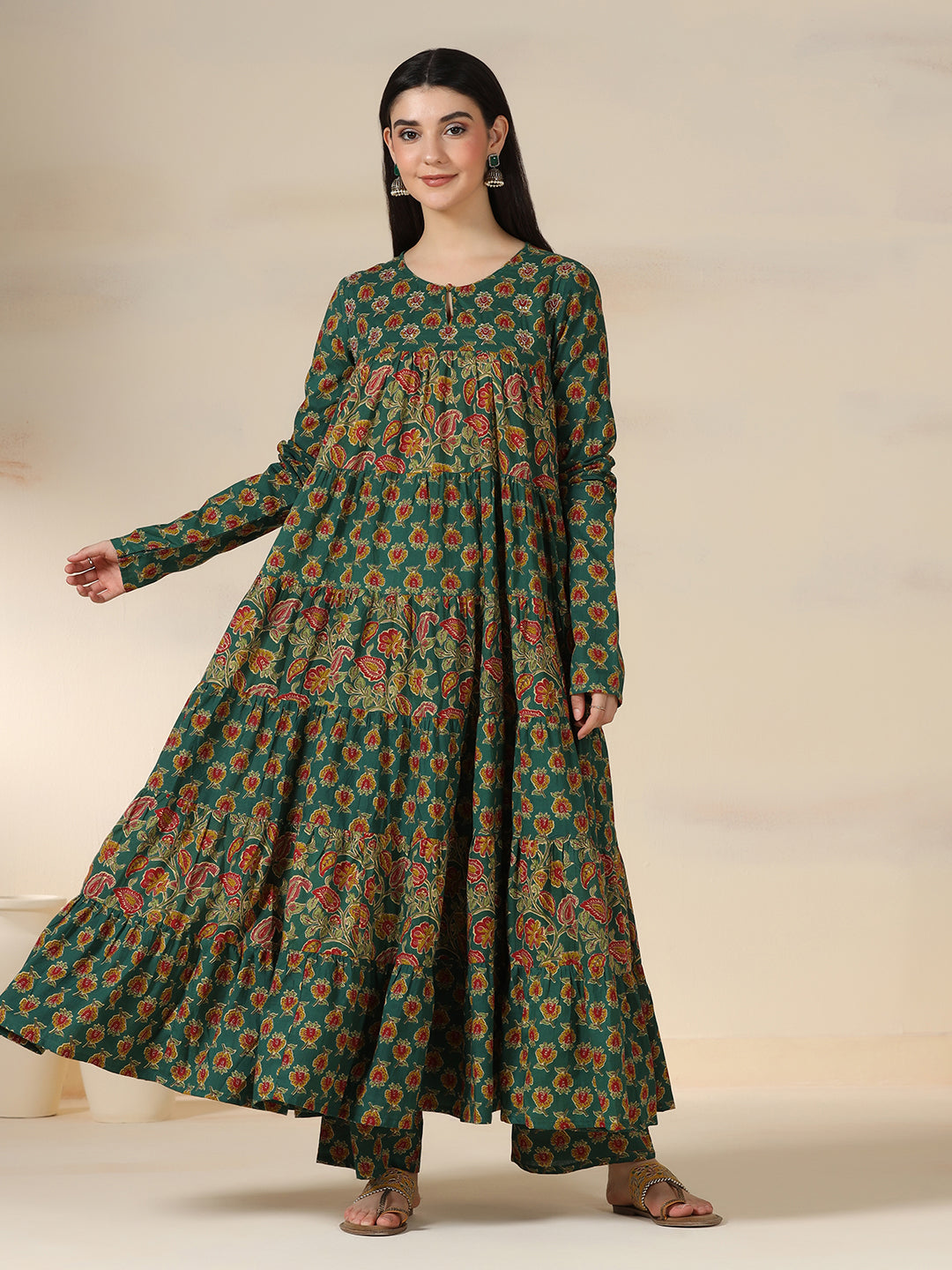 Green Pure Cotton Printed Round Neck Full Sleeves Calf Length Flared Kurta Pant And Dupatta Set Mizazjaipur