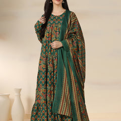Green Pure Cotton Printed Round Neck Full Sleeves Calf Length Flared Kurta Pant And Dupatta Set Mizazjaipur