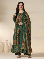 Green Pure Cotton Printed Round Neck Full Sleeves Calf Length Flared Kurta Pant And Dupatta Set Mizazjaipur