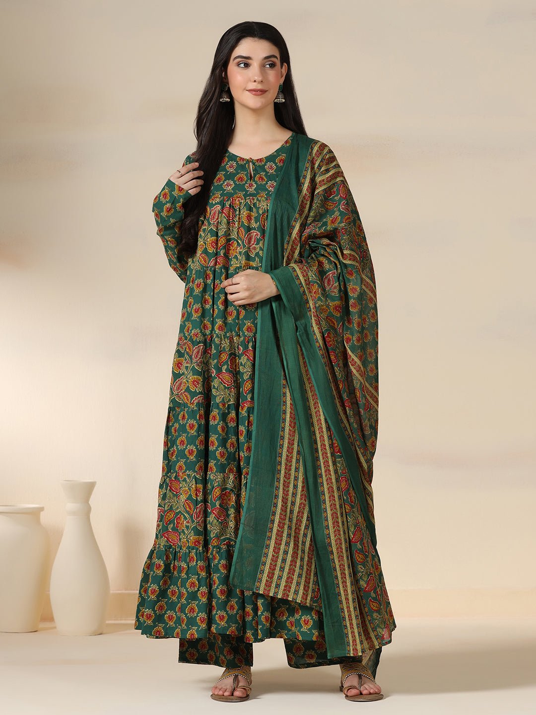 Green Pure Cotton Printed Round Neck Full Sleeves Calf Length Flared Kurta Pant And Dupatta Set Mizazjaipur