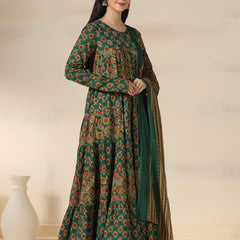 Green Pure Cotton Printed Round Neck Full Sleeves Calf Length Flared Kurta Pant And Dupatta Set Mizazjaipur