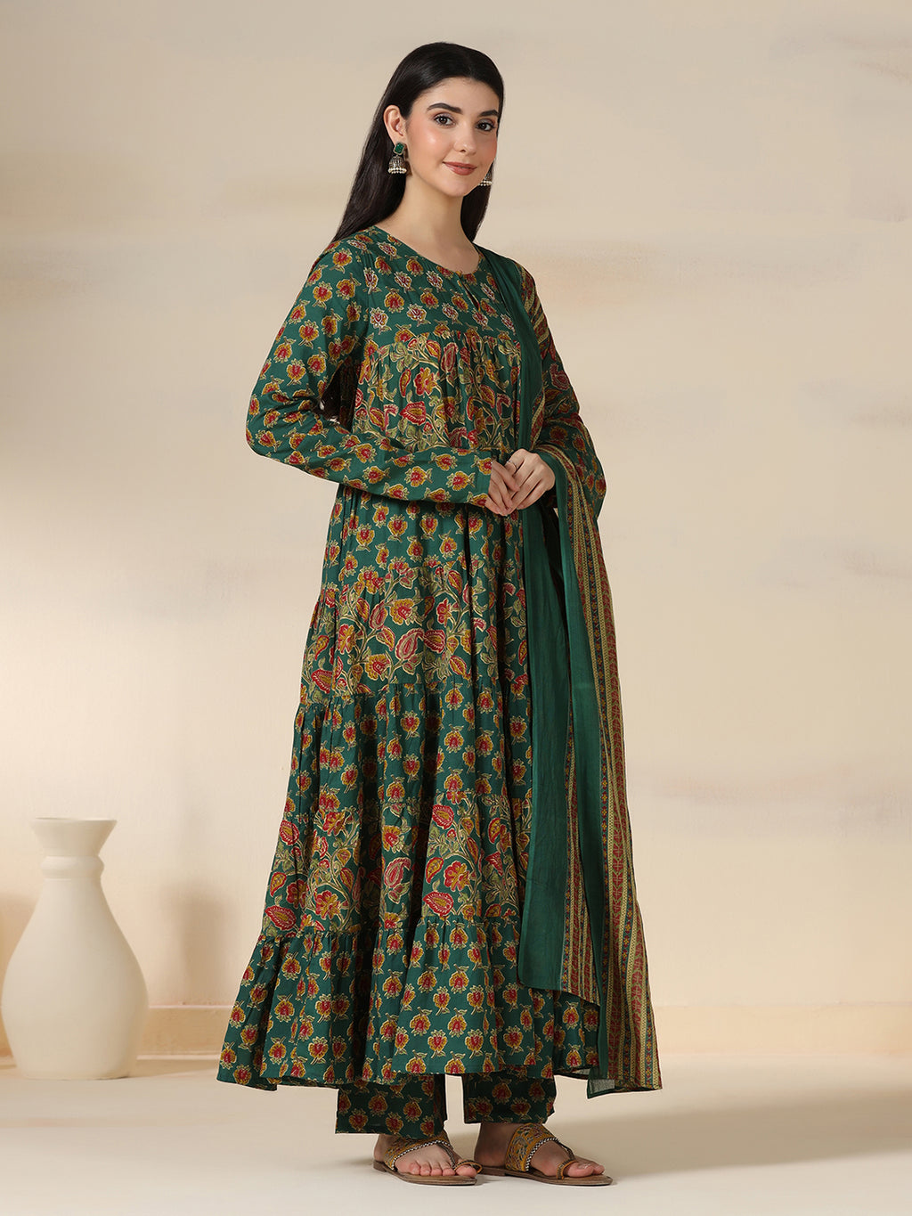 Green Pure Cotton Printed Round Neck Full Sleeves Calf Length Flared Kurta Pant And Dupatta Set Mizazjaipur