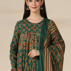 Green Pure Cotton Printed Round Neck Full Sleeves Calf Length Flared Kurta Pant And Dupatta Set Mizazjaipur
