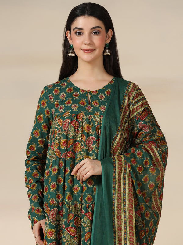 Green Pure Cotton Printed Round Neck Full Sleeves Calf Length Flared Kurta Pant And Dupatta Set Mizazjaipur