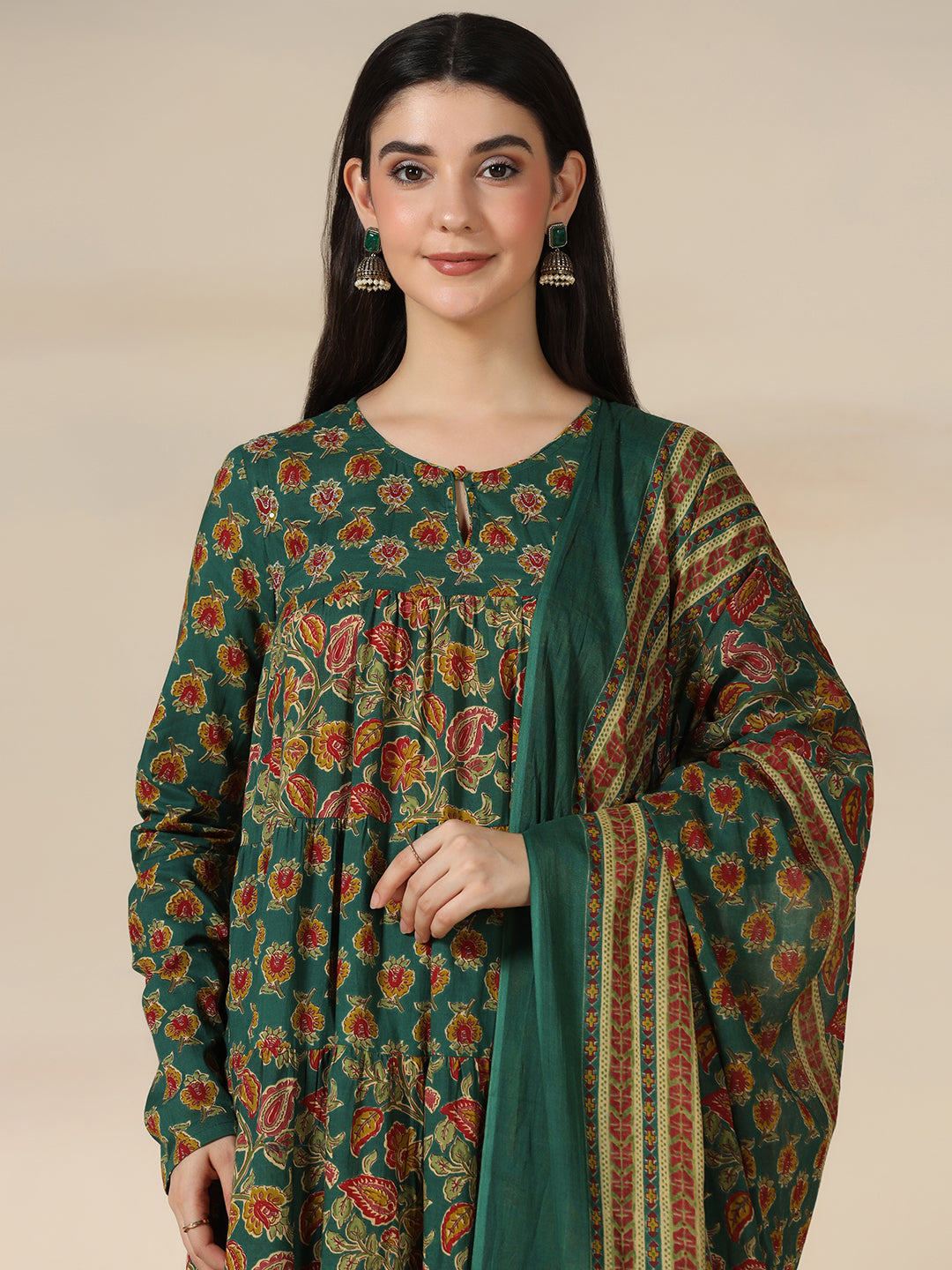 Green Pure Cotton Printed Round Neck Full Sleeves Calf Length Flared Kurta Pant And Dupatta Set Mizazjaipur