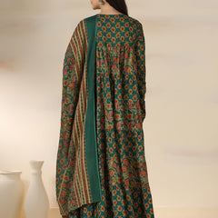 Green Pure Cotton Printed Round Neck Full Sleeves Calf Length Flared Kurta Pant And Dupatta Set Mizazjaipur