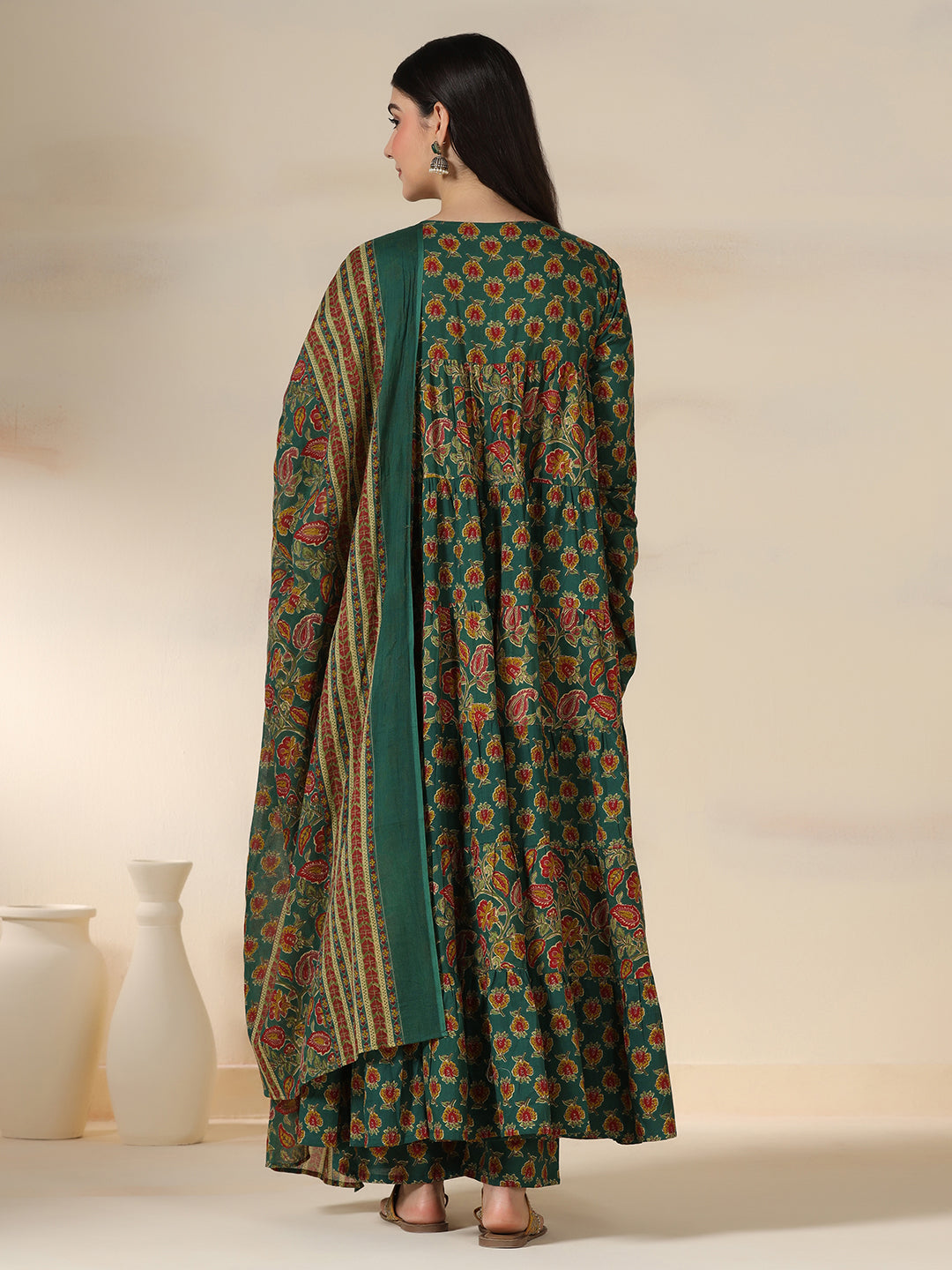 Green Pure Cotton Printed Round Neck Full Sleeves Calf Length Flared Kurta Pant And Dupatta Set Mizazjaipur
