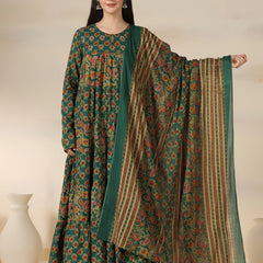Green Pure Cotton Printed Round Neck Full Sleeves Calf Length Flared Kurta Pant And Dupatta Set Mizazjaipur