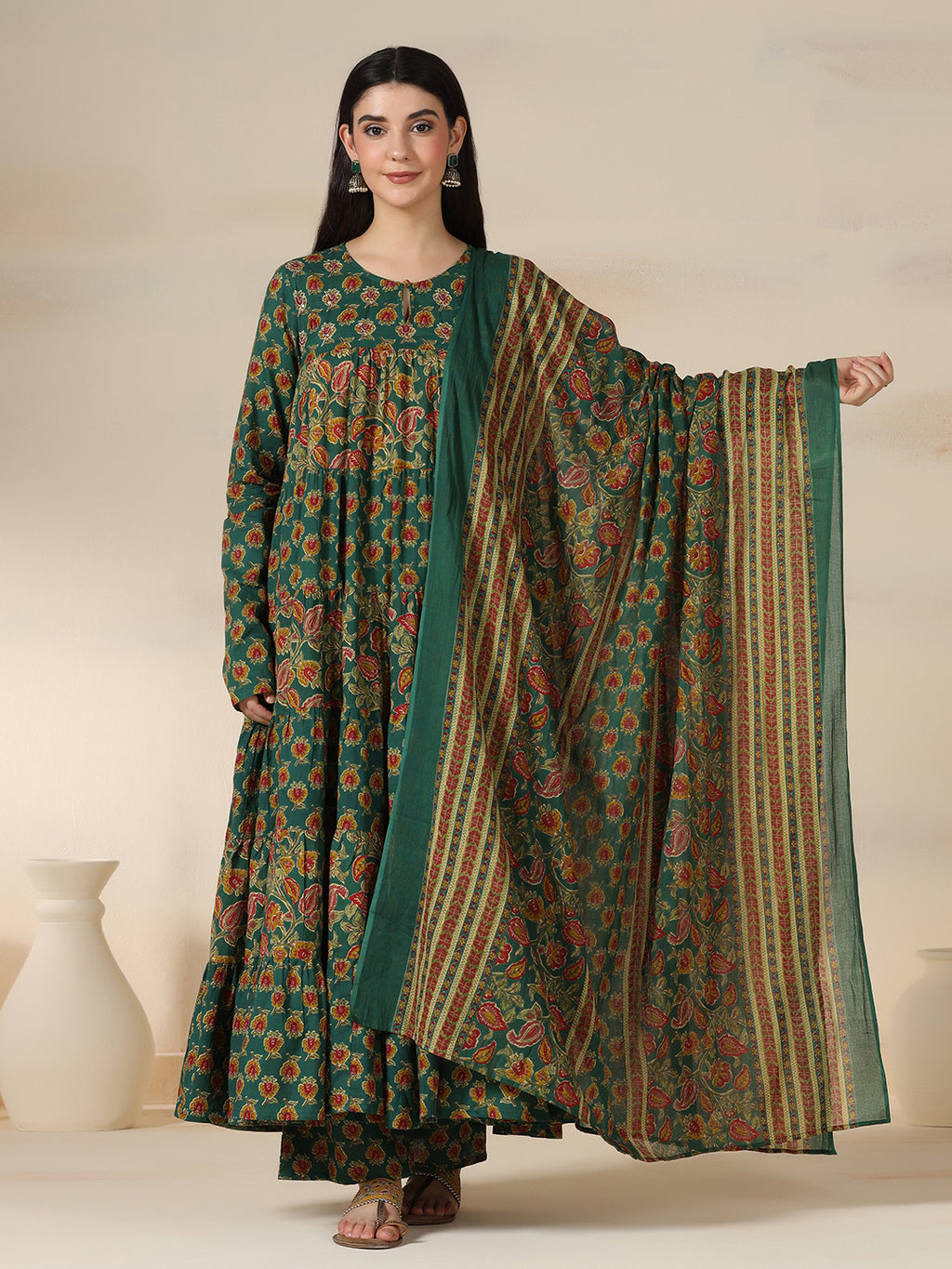 Green Pure Cotton Printed Round Neck Full Sleeves Calf Length Flared Kurta Pant And Dupatta Set Mizazjaipur