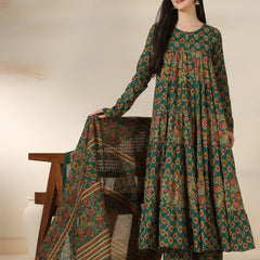 Green Pure Cotton Printed Round Neck Full Sleeves Calf Length Flared Kurta Pant And Dupatta Set Mizazjaipur