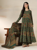 Green Pure Cotton Printed Round Neck Full Sleeves Calf Length Flared Kurta Pant And Dupatta Set Mizazjaipur