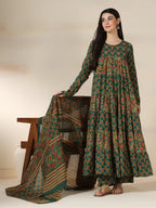 Green Pure Cotton Printed Round Neck Full Sleeves Calf Length Flared Kurta Pant And Dupatta Set Mizazjaipur
