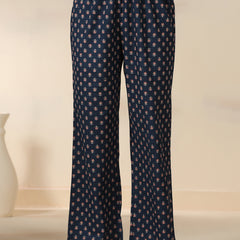 Blue Pure Cotton Printed Round Neck 3/4 Sleeves Calf Length Flared Kurta Pant And Dupatta Set Mizazjaipur