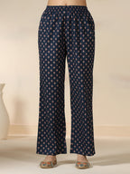 Blue Pure Cotton Printed Round Neck 3/4 Sleeves Calf Length Flared Kurta Pant And Dupatta Set Mizazjaipur