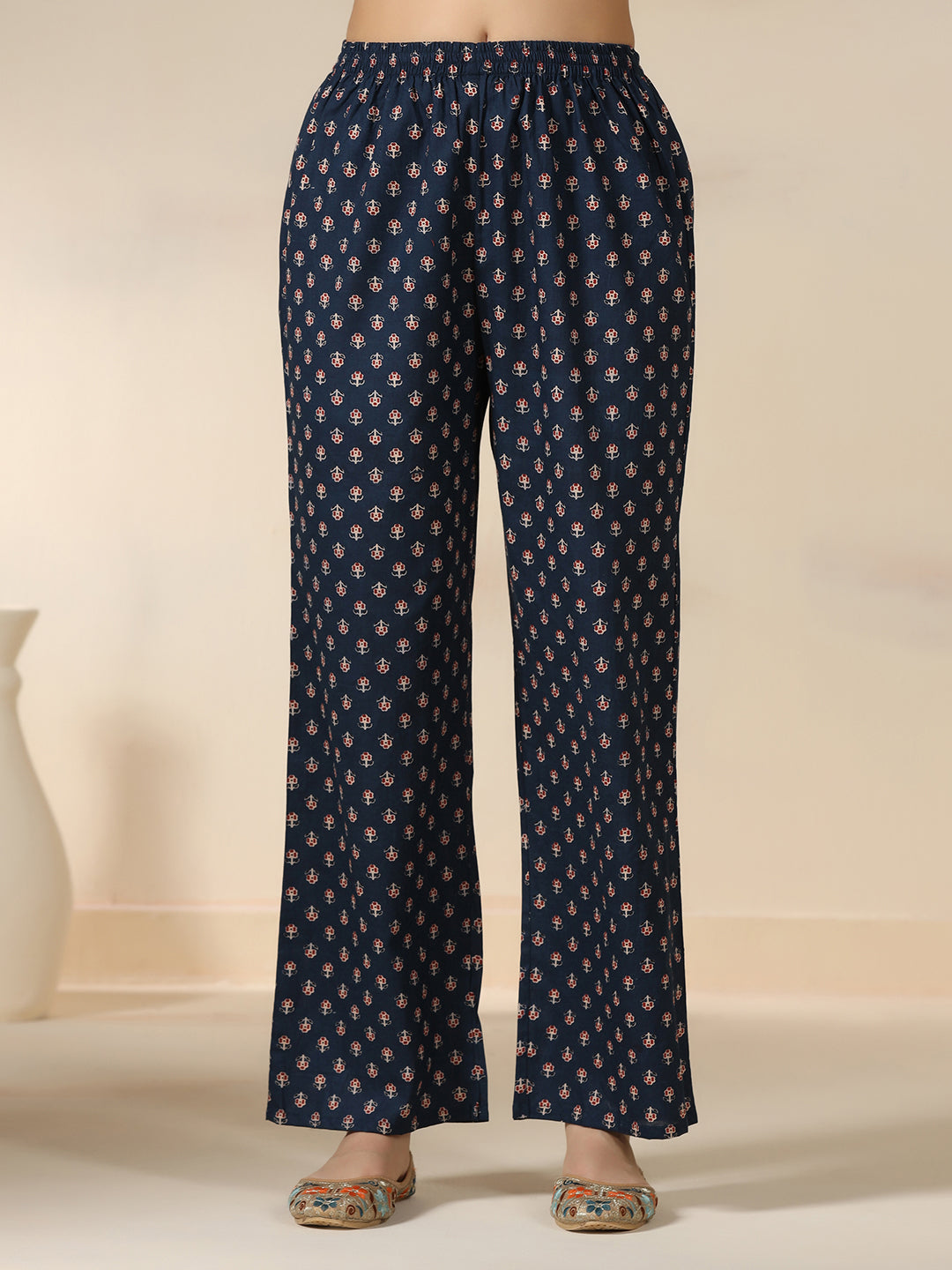 Blue Pure Cotton Printed Round Neck 3/4 Sleeves Calf Length Flared Kurta Pant And Dupatta Set Mizazjaipur