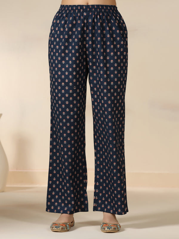 Blue Pure Cotton Printed Sequence Work Round Neck 3/4 Sleeves Calf Length Flared Kurta Pant And Dupatta Set Mizazjaipur