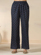 Blue Pure Cotton Printed Sequence Work Round Neck 3/4 Sleeves Calf Length Flared Kurta Pant And Dupatta Set Mizazjaipur