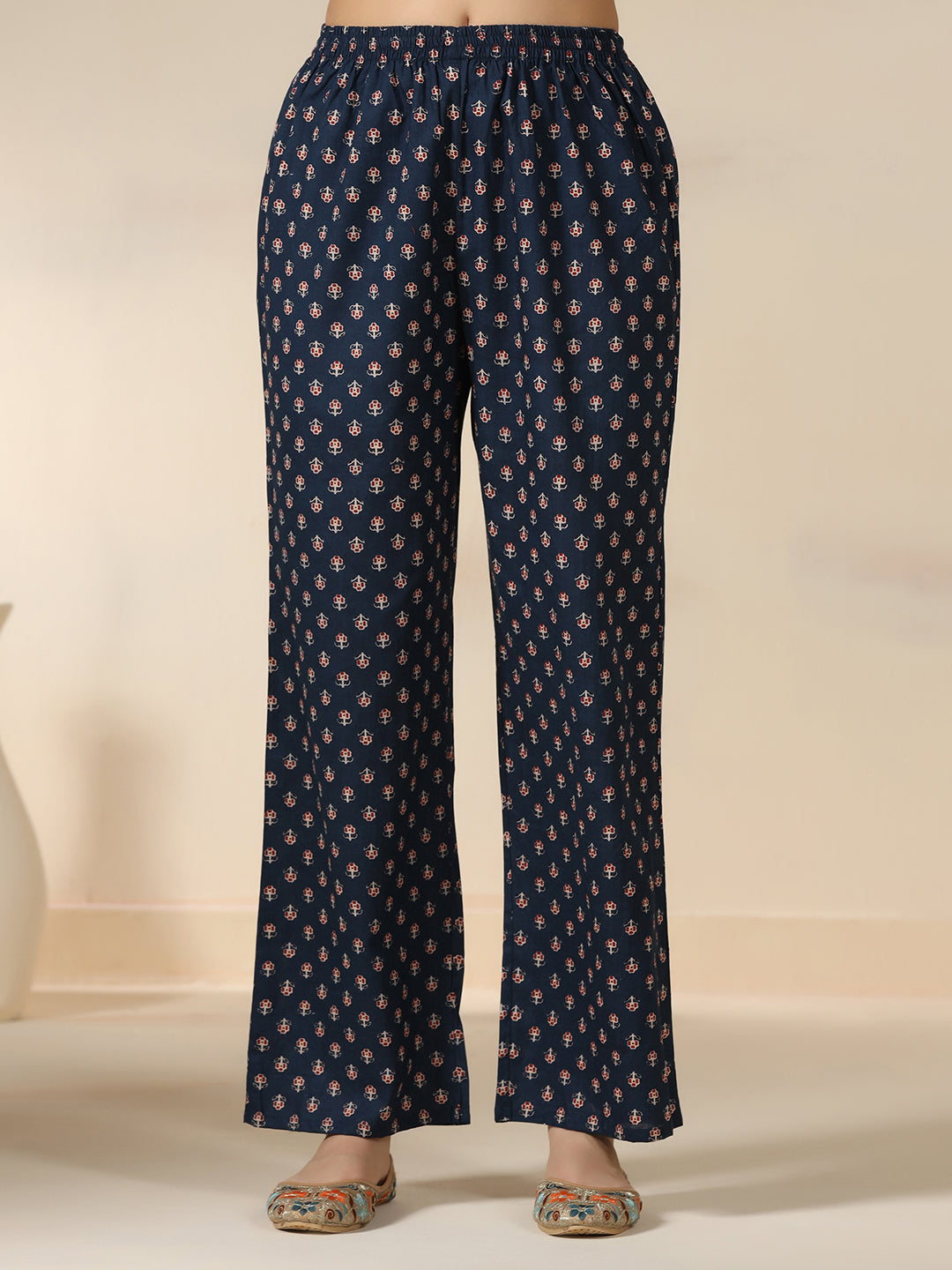 Blue Pure Cotton Printed Sequence Work Round Neck 3/4 Sleeves Calf Length Flared Kurta Pant And Dupatta Set Mizazjaipur