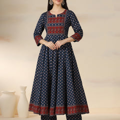 Blue Pure Cotton Printed Round Neck 3/4 Sleeves Calf Length Flared Kurta Pant And Dupatta Set Mizazjaipur