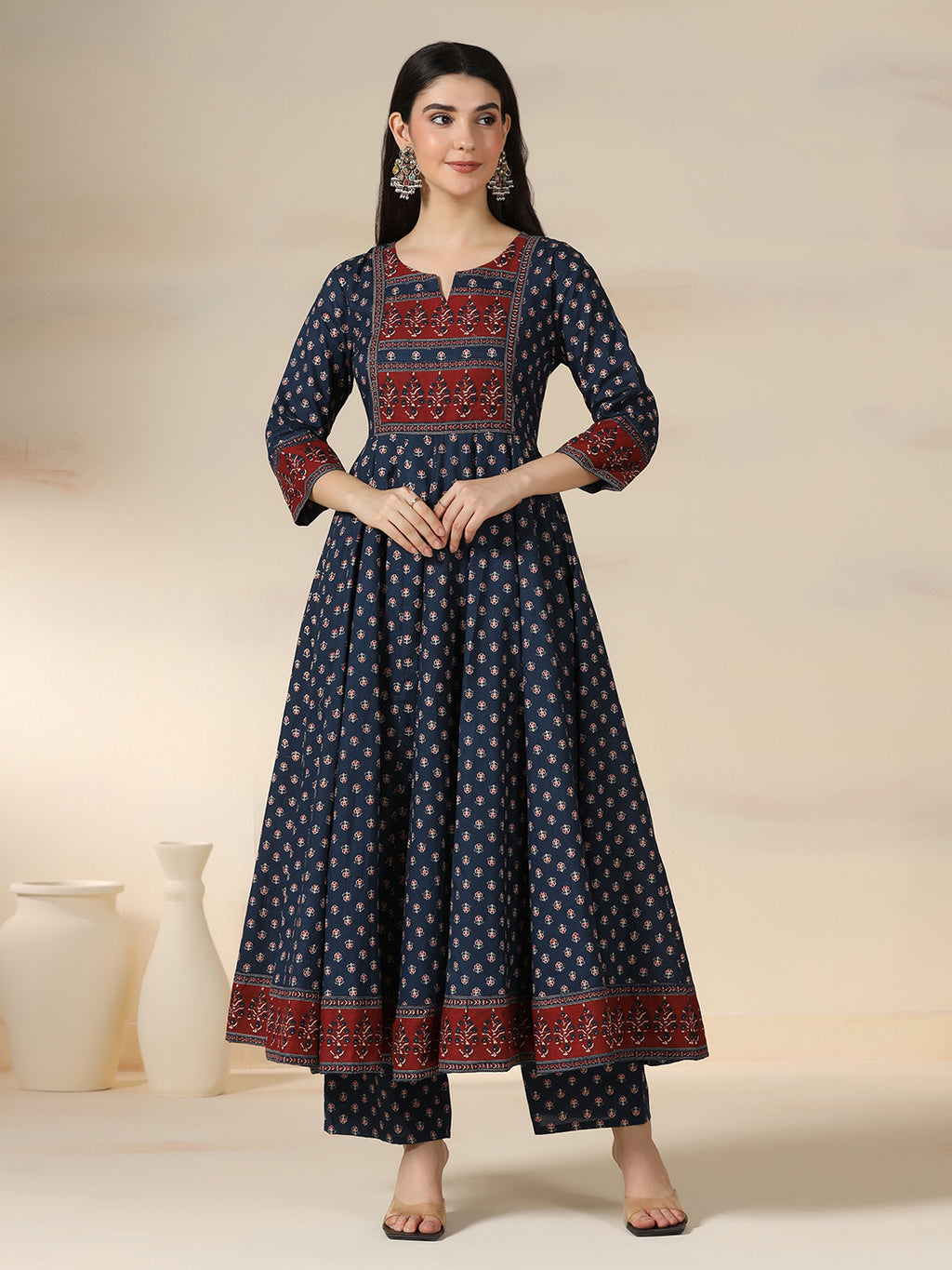 Blue Pure Cotton Printed Round Neck 3/4 Sleeves Calf Length Flared Kurta Pant And Dupatta Set Mizazjaipur