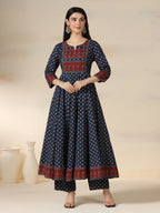 Blue Pure Cotton Printed Round Neck 3/4 Sleeves Calf Length Flared Kurta Pant And Dupatta Set Mizazjaipur